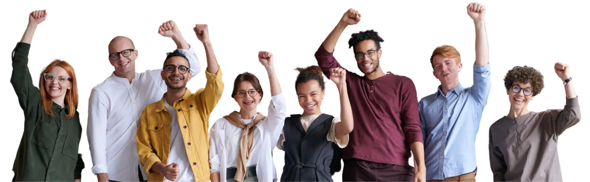 Happy diverse team raising hands
